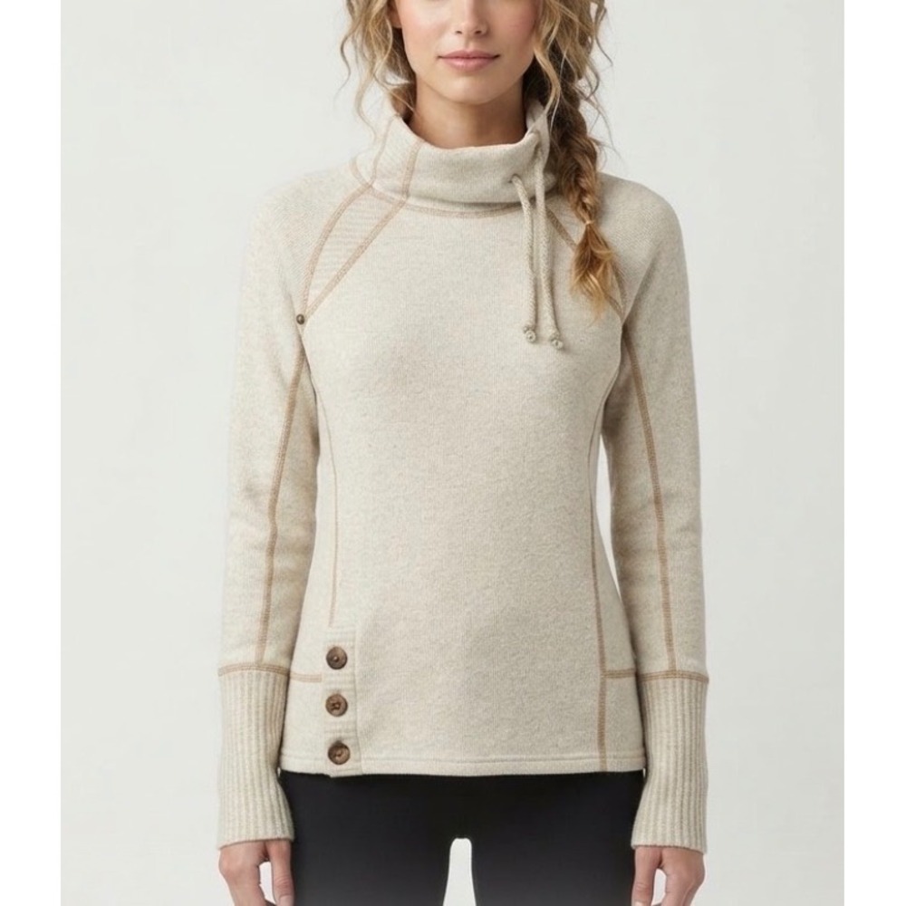 Prana Lucia Sweater Funnel Neck Wool Blend Cream Striped Small